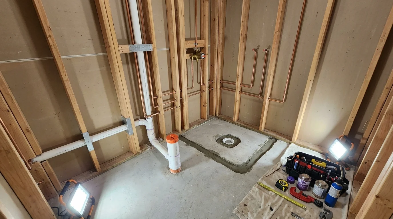 Bathroom rough-in plumbing during remodel by Johns Plumbing LLC in Black River