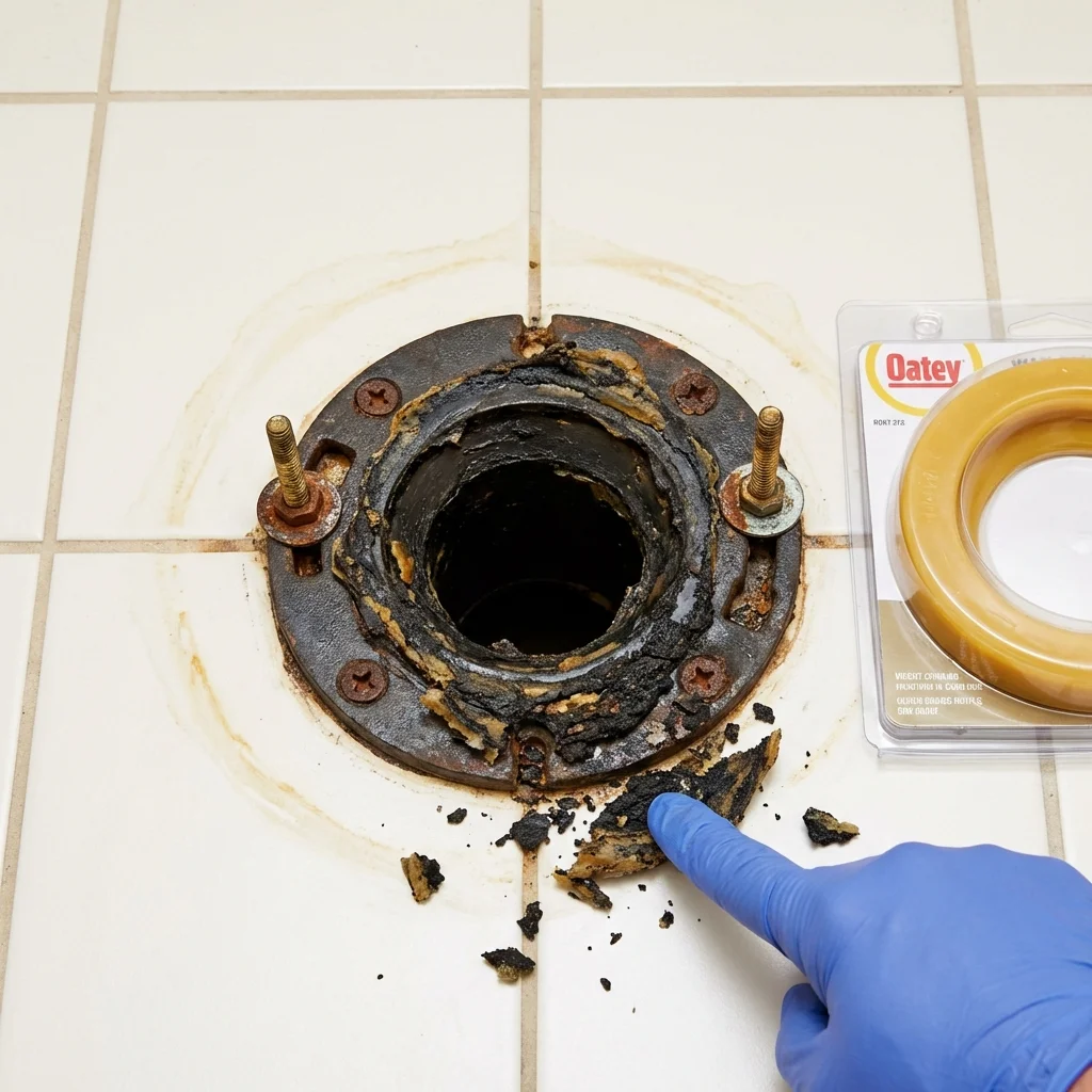 Failed wax ring showing water seepage at the base of a toilet in a Black River, NY home