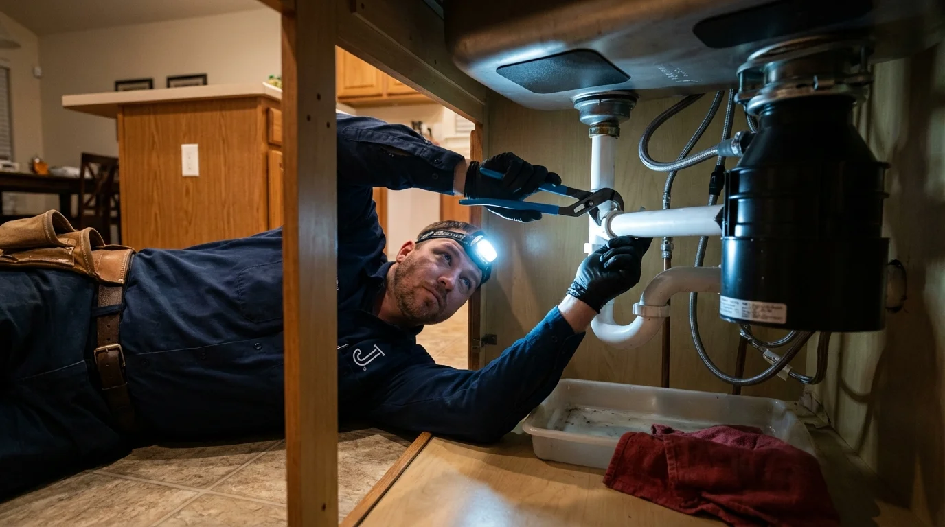 P-trap and supply line connections under a kitchen sink showing a common leak point in Black River, NY